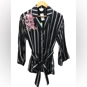 Kate Spade Madison Avenue striped, floral embroidered belted top